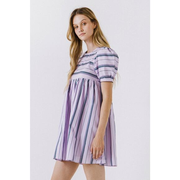 English Factory Lilac Puff Sleeve Striped Mini Dress Size M Medium - Picture 7 of 10